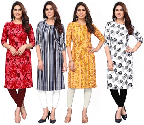 Image of JAKHANA Women's Crepe Printed Casual Straight Calf Length Round Nick Kurta Pack of 4