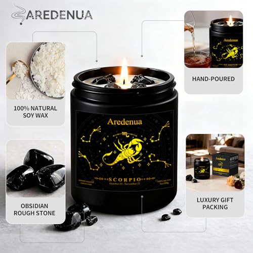 Image of Scorpio Zodiac Candles with Black Obsidian Crystals, Smoky Vanilla | Astrology Scorpio Birthday Gifts for Women Men, Black Gift Box, 7 oz Soy Candle, 50 Hour Burn Time, Black Jar