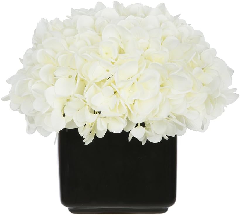 Artificial Hydrangea in Small Black Cube Ceramic (White)