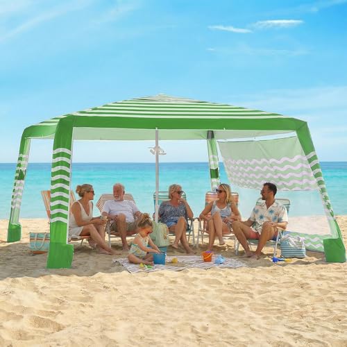 Zeraty Beach Cabana 8'×8', Portable Beach Canopy with Side Wall, UPF 50+ Silver-Coated Beach Tent Sun Shelter Easy Pop Up, Wind Resistant Adjustable Height Beach Umbrella Tent for Family, Green