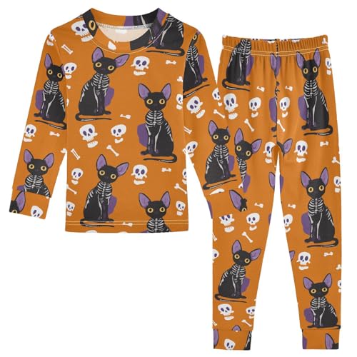 Fustylead Halloween Devon Rex Cat and Skull Cotton Pajamas Long Sleeve Sleepwear Lounge Set