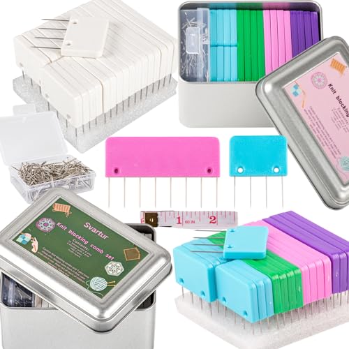 Svartur Pack of 2 Knit Blocking Pins Total 40 Crochet Knitting Combs & 200 T-Pins Tin Cases Rainbow Blocking Combs for Crochet and Knitting White & Multicolor