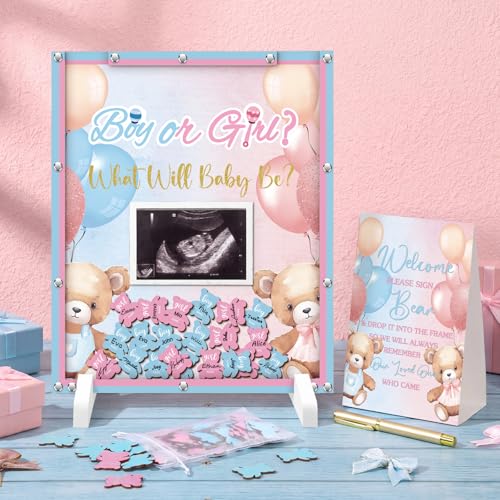 Image of Beeveer 65 Pcs Bear Gender Reveal Baby Shower Guest Book Alternatives Pink and Blue Bear Gender Reveal Decorations Sign in Guest Book with Picture Frame and 60 Wooden Chip for Party Keepsake