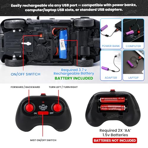 Image of Zest 4 Toyz Die Cast Remote Control Car Toy for Kids Die Cast Metal Car with Mist Spray Action Rechargeable Off Road RC Vehicle for Boys & Girls Age 3+ (Black)