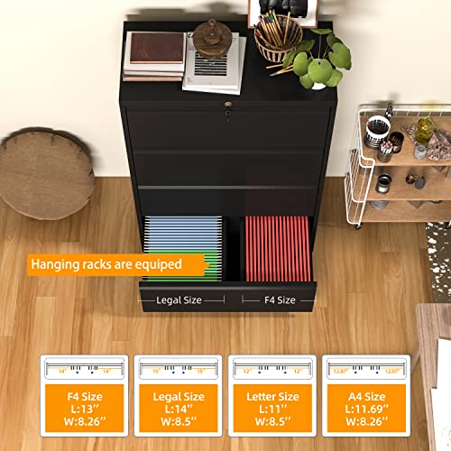 Intergreat Black Lateral File Cabinet With Lock, 4 Drawer Lateral Filing Cabinet For Legal/Letter A4 Size, Locking Metal Wide File Cabinet For Home Office, 0 Screw Assembled #TOP3