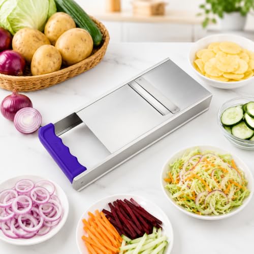 Image of Stainless Steel Vegetable Slicer with Handle | Heavy-Duty Manual Slicer for Potato, Onion, Chips & Salad Cutting | Durable Kitchen Mandoline Slicer with Sharp Blades