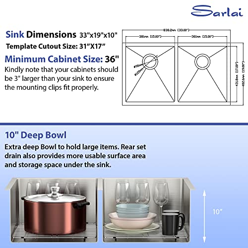 33 Undermount Sink Double Bowl - Sarlai 33X19 Kitchen Sink Undermount Stainless Steel 16 Gauge Round Corner Double Bowl 50/50 Sink Basin #TOP3