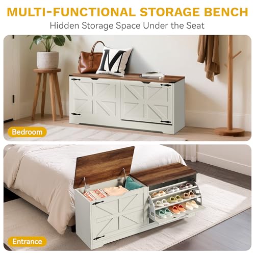 DWVO Shoe Storage Bench, 55" L Shoe Cabinet with 3 Flip Drawer & Flip-Top Storage, Farmhouse Modular Tilt-Out Organizer for Entryway, Mudroom, Bedroom