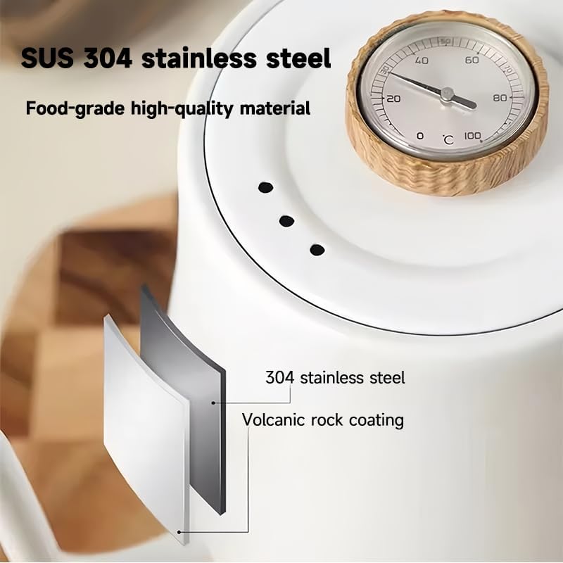 Small Hot Wlectric Kettle, Gooseneck Electric Kettle With Thermometer, Automatic Shut Off, No Plastic, 304 Stainless Steel Inner, for Pour Over Coffee, Brew Tea, Fast Boiling Water,1000w, 0.8L(White)