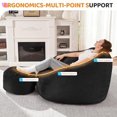 Image of HABUTWAY Bean Bag Chair, Giant Bean Bag Chairs for Adults with Ottoman, Comfy Faux Fur Shell-Shaped Bean Bag Couch, Sofa Chair for Living Room, Bedroom, Black