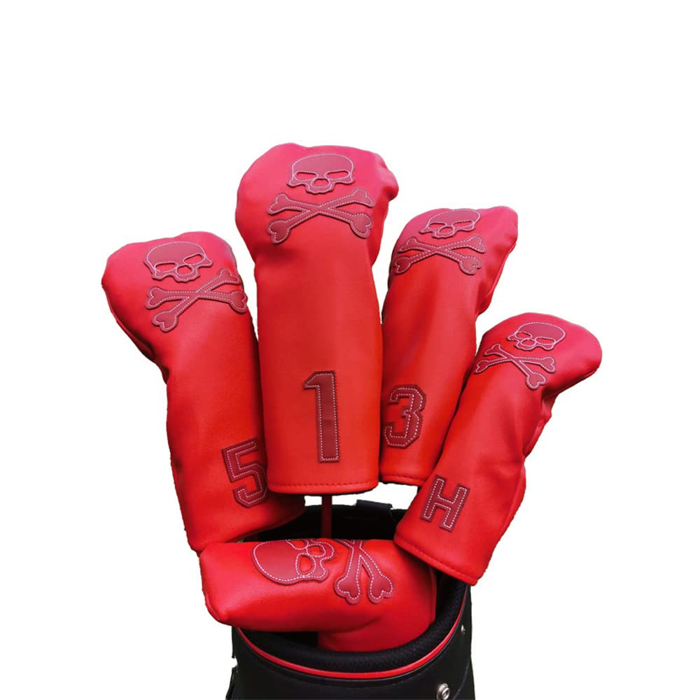 Scott Edward Leather Golf Club Set Covers, Artificial Leather, Waterproof and Wear-resistant, 5 pcs/Set Red Colors, Skull Pattern, #1#3#5#H, Suitable for Driver Fairway Hybrid Blade Putter