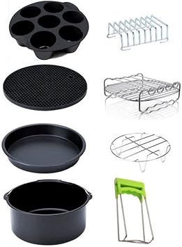 8 Inch Universal Air Fryer Accessory Kits Set of 5 Air Fryer Accessories for All 5.2-5.8QT Brands of Deep Fryers Including Cake Barrel, Baking Dish Pan, Grill, Pot Rack, Silicone Mat