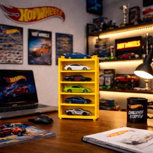 Image of AApnatva 6-Car Display Rack - Premium Matte Black Tabletop Organizer with Tire Slots & Side Guards for 1:64 Scale Diecast Cars (Hot Wheels, Matchbox, Tomica,)(NO CAR INCLUDED) (Yellow)