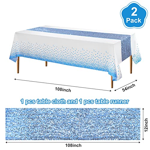 Image of Irenare 2 Pcs White and Blue Tablecloth and Sequin Table Runner Set Polka Dots Confetti Table Cover Dining Plastic Tablecloths Glitter Decorations for Birthday Wedding Anniversary Party Supplies