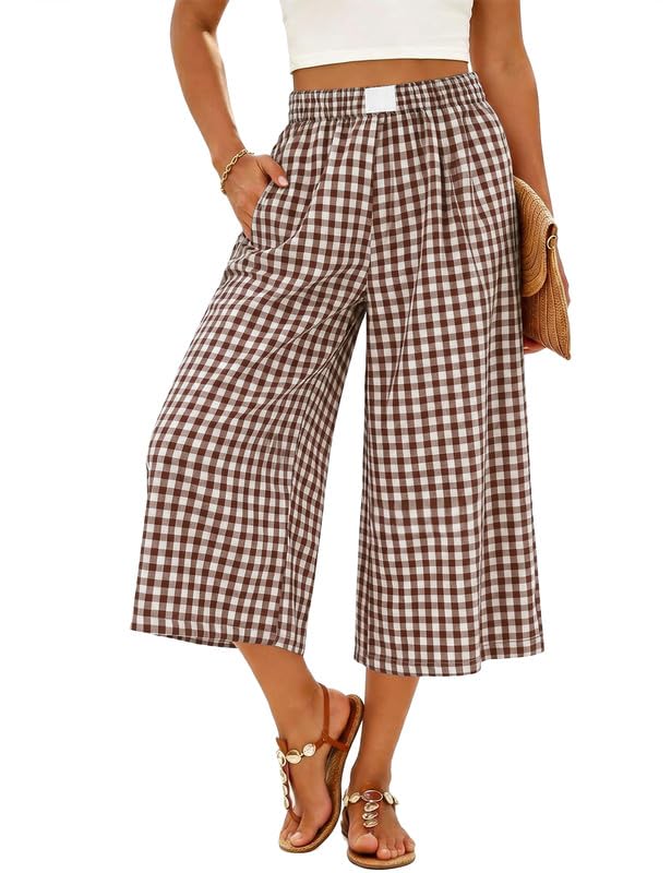 Image of Marvmys Women's Cotton Capri Pants Plaid Gingham Elastic Waist Casual Wide Leg Palazzo Culottes Pants with Pockets S-2XL
