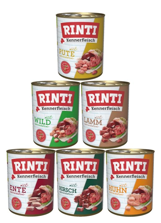 RINTI-Kennerfleisch 6 x 800g Mixpaket | 6 garantierte Sorten | getreidefreies Nassfutter mit 70% Fleisch & Innereien | ohne Soja | Hundefutter