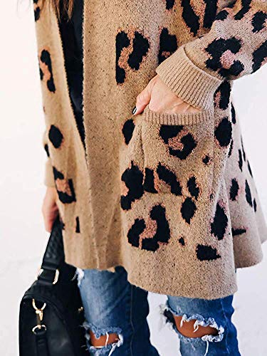 ZESICA Women's Long Sleeves Open Front Leopard Print Knitted Sweater Cardigan Coat Outwear with Pockets,M,A-Khaki