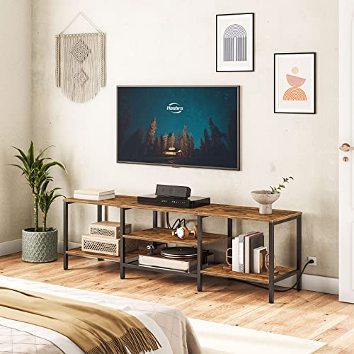 Image of HOOBRO TV Stand with Power Outlets to 75 Inches, TV Console Table with Open Storage Shelves Cabinet, Industrial Media Entertainment Center for Living Room Bedroom, Rustic Brown and Black BF80DS01