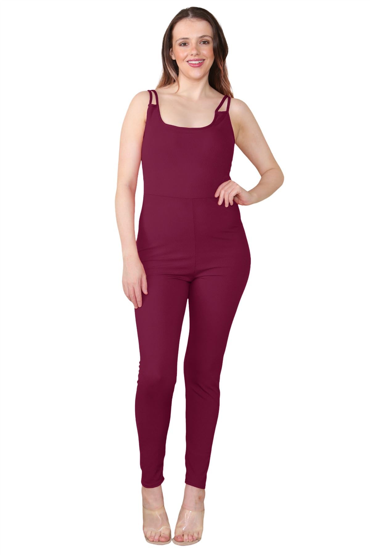 Hamishkane Women's Wine Double Straps Ribbed Cami Jumpsuit All In One Unitard Skinny Romper Playsuit