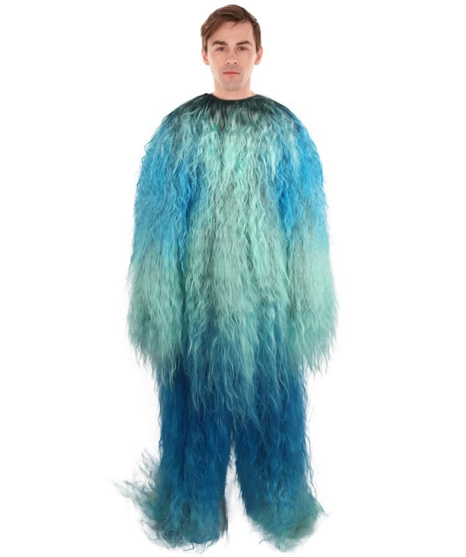 HPO Adult Unisex Long Hairy Warrior Ape Costume - Military Leader Fighter Vest & Pant | Halloween Yeti Gorilla Outfit, Blue - Large