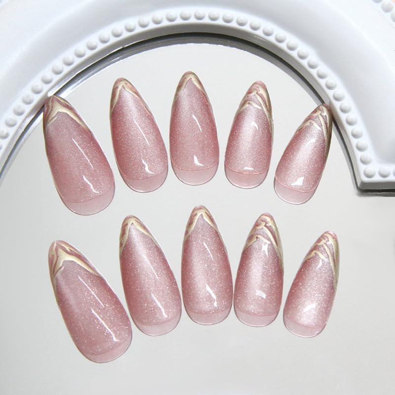 Image of Peach Cat Eye Golden Tip Almond Press On Nails Kit for Women And Girls Fake Nail Extension | Reusable Nail Extension For Women With Glue Tab | Long Lasting Glossy Finish Artificial Nails | Easy to Apply Fake Nails for Salon Look at Home | Stick-On Manicure Kit For Parties, Weddings And Gifts | Trendy Nail Art Set for All Occasions