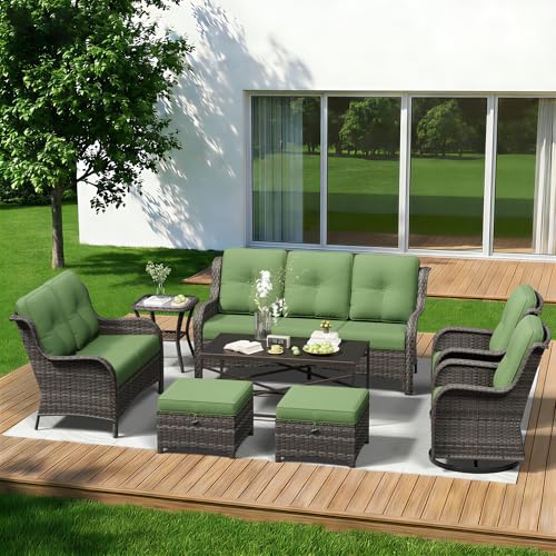 Image of 8 Piece Outdoor Wicker Patio Furniture Set, Outdoor Swivel Rocker Patio Chairs Set with Thickened Olefin Cushions, High Back and Deep Seating, Hand-Woven PE Rattan for Porch, Deck