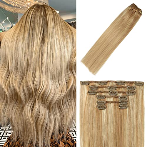 Clip in Hair Extensions Remy Hair Light Blonde to Platinum Blonde For Women 20Inch 70g Soft Human Hair Clip Ins #27p613 7PCS
