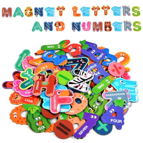AUAUY Letras e números magnéticos para crianças, 52 ímãs de frigorífico para crianças, inclui 26 letras de alfabeto 20 números e 6 símbolos, fundo para crianças, letras montessori jogos infantis para