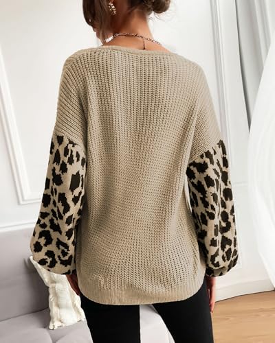 Casual Leopard Print Long Sleeve Sweater for Women V Neck Cute Animal Knit Top3