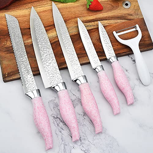 Knife Set With Block, Retrosohoo 7-Pieces Pink Kitchen Knife Set With Flower Acrylic Knives Holder, Non-Stick Stainless Steel Cooking Knives Sets With Gift Box For Girls Women #TOP2
