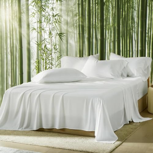 Image of 100% Viscose Derived from Bamboo Sheets Queen Size, Soft & Cooling Viscose from Bamboo Sheets Set, Organically Grown,Breathable & Soft Deep Pocket Up to 18 Inches(White)