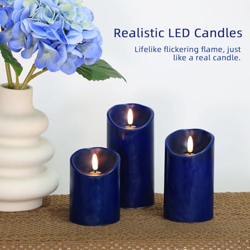 Image of Navy Blue Flameless Candles with Remote Timer, Real Wax LED Candles Flickering, 3D Wick Fake Candles Candles Battery Operated for Home Living Room Wedding Party Gifts, Navy Blue Decor, Set of 3