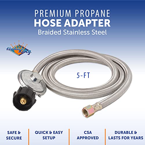 Image of Flame King 5-FT Universal QCC1 Low-Pressure Propane Regulator with Stainless Steel Braided Hose for Most LP Gas Grills, Heaters, and Fire Pit Tables, 3 /8 inch Female Flare Nut