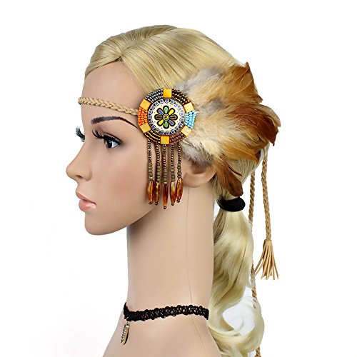 CHUANGLI Handmade Retro Indian Style Feather Head Band with Beaded Tassels