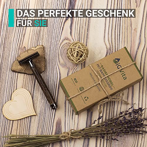 iQVita® Premium Rasierhobel mit Griff aus Bambus - Rasierer Damen - inkl. 10 Rasierklingen - Nassrasierer - geschlossener Kamm - umweltfreundlich & nachhaltig - Zero Waste - inkl. eBook - Image 7