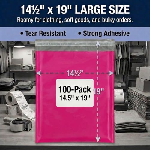 Image of BOX USA Shipping Bags 14 x 19 (100-Pack) Pink - Large Heavy Duty Self-Adhesive Envelope Poly Mailers for Packing