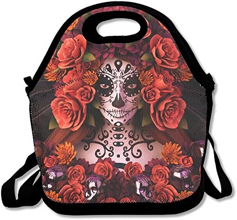 Most Fashion Maker Sugar Skulls Roses Day Dead Halloween Lunch Bags Insulated Travel Picnic Lunchbox Tote Handbag Shoulder Strap Women Teens Girls Kids Adults