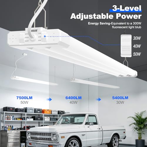 Image of JESLED 4FT LED Shop Lights, 3CCT Selectable 50W 7500LM, Linkable, ETL | 3CCT 4000K /5000K /6500K, 30W /40W /50W Adjustable, Utility Commercial Bay Light, Plug & Play, Ceiling or Hanging Mount, 2-Pack