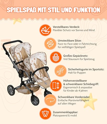 Bayer Chic 2000® Puppenwagen Linus Duo – Bärchen Beige – Faltbarer Zwillingspuppenwagen – Verstellbarer Griff 50-82 cm – Puppen bis 50 cm – 4-8 J. – Bild 4