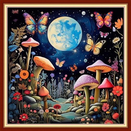 Image of Disxvivy Cross Stitch Stamped Full Embroidery Kits DIY 11CT Cotton Thread Printed DIY Needlepoint Kits Craft Needlework Set Cross-Stitch Stamped Sets-Moon Mushroom 18x18 inch