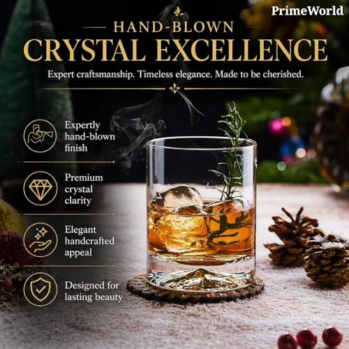 Image of PrimeWorld Hand Blown Crystal Double Old Fashioned Cocktail Set of 6pcs-300ml, Solid Whiskey Glasses, Rocks Glasses, Lowball Glasses - Perfect Size for Oversized Ice Cubes