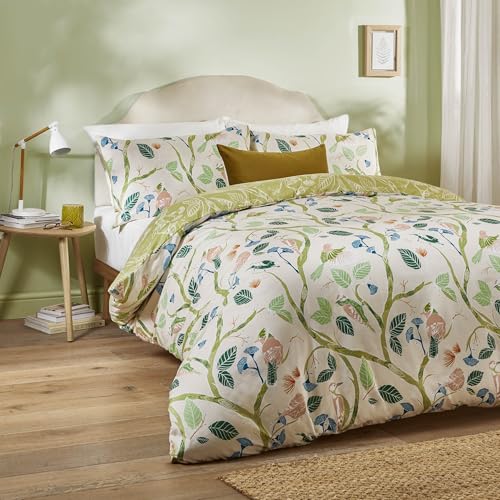 Duvet Day Set copripiumino Woodlow - Biancheria da letto reversibile con stampa a foglie e uccelli tropicali disegnati a mano e motivo floreale (Multicolore/Salvia - Singolo)