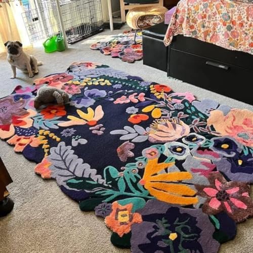 Image of Handmade Tufted Irregular Shape Wool Area Rug Botanical Design, Thick & Soft Carpet for Living Room, Bedroom Hall Room Color Multi Size 6X8 feet (180x240cm)