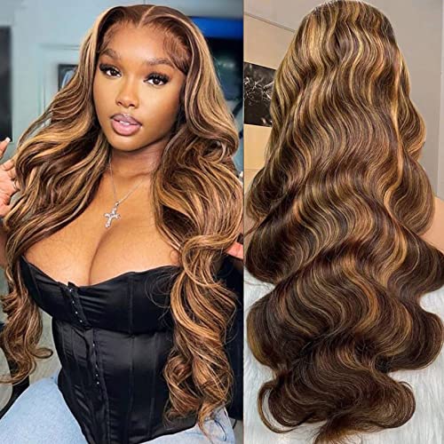 Ombre Lace Front Wig Human Hair - 13X4 Hd Transparent Honey Blonde Body Wave Glueless Lace Front Wigs Human Hair Pre Plucked, 180% Density 4/27 Colored Highlight Lace Front Wig Human Hair For Women #TOP1