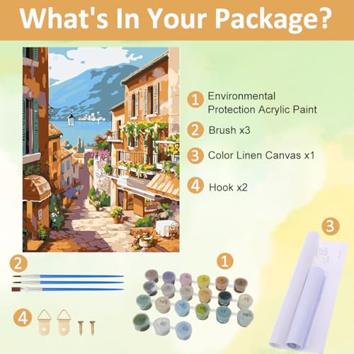 Image of HASTHIP DIY Paint By Numbers Kit For Adults, Pre-Framed European Town Scenery Canvas With Acrylic Paints & Brushes, Beginner-Friendly Art Kit For Wall Decor & Gift, 16X20 Inch(No Frame), Multicolor