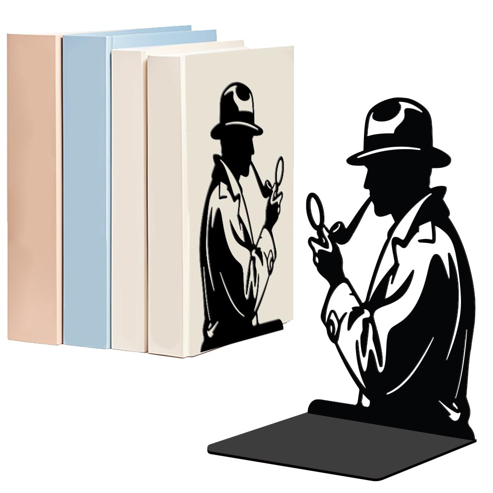 WADORN 1 Pair Detective Themed Metal Decorative Bookend for Shelves, Heavy Duty Book Ends Modern Non-Skid Books Holder Stand Black Book Support Stoppers for Desk Bookshelf Office, 5.3x4.3x7.8 Inch