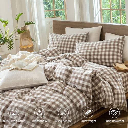 Image of MooMee Gingham Duvet Cover Set 100% Washed Cotton Linen Like