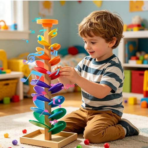 Arbre à musique jeu de parcours de billes en bois jouet éducatif arc-en-ciel enfant - 3