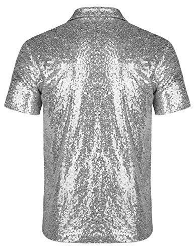 Camiseta polo para hombre URRU, manga corta, estilo relajado y con lentejuelas brillantes, ideal para fiestas nocturnas y discotecas, años 70 miniatura 2