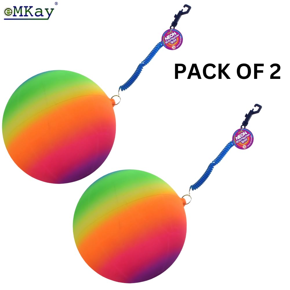 eMKay® Pack of 2, Neon Rainbow Ball with Keychain, 20cm Inflatable Ball in Net Bag, Colourful Outdoor Summer Toys for Kids - Image 2